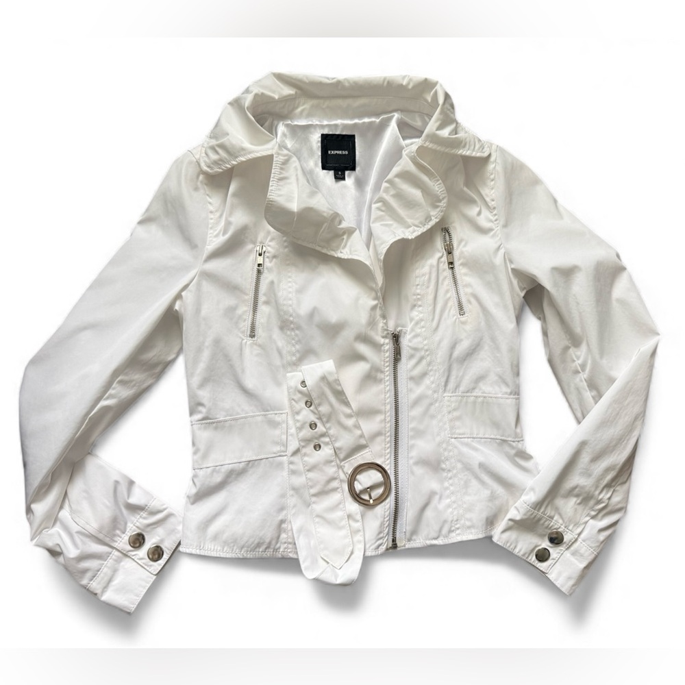 Express White Lightweight Rain Moto Jacket Coat with a belt  size Small
